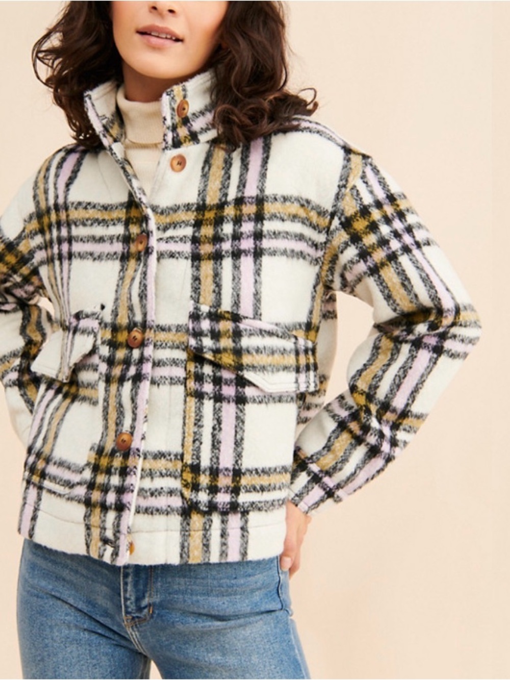 Bagatelle Plaid Button-Front Jacket in Cream and Mustard